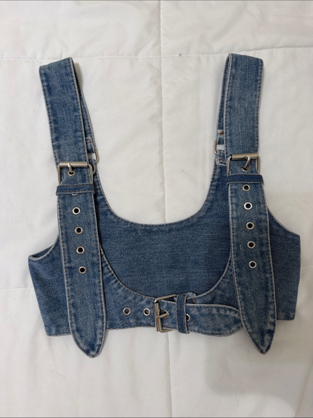 Urban Outfitters Blue Denim Buckle Crop Overall Top